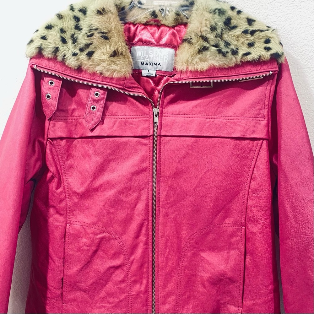 Wilsons Leather Pink Leather Jacket with Leopard Faux Fur Collar